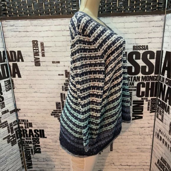 JM Collection Plus 2X Navy Color Striped Textured Weave 3/4 Sleeve Sweater - Picture 2 of 6